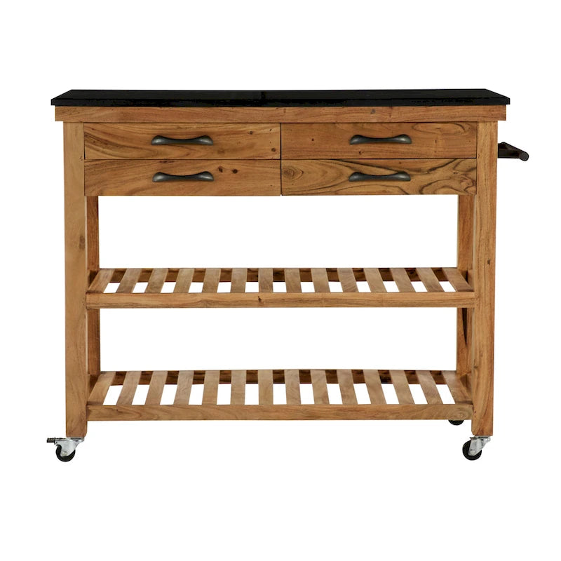 Carrello da cucina in legno a 4 cassetti e 2 ripiani con maniglie in metallo nero e piano in marmo
