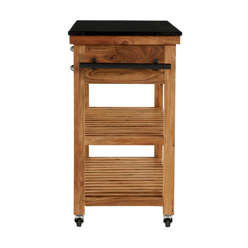 Carrello da cucina in legno a 4 cassetti e 2 ripiani con maniglie in metallo nero e piano in marmo