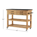 Carrello da cucina in legno a 4 cassetti e 2 ripiani con maniglie in metallo nero e piano in marmo