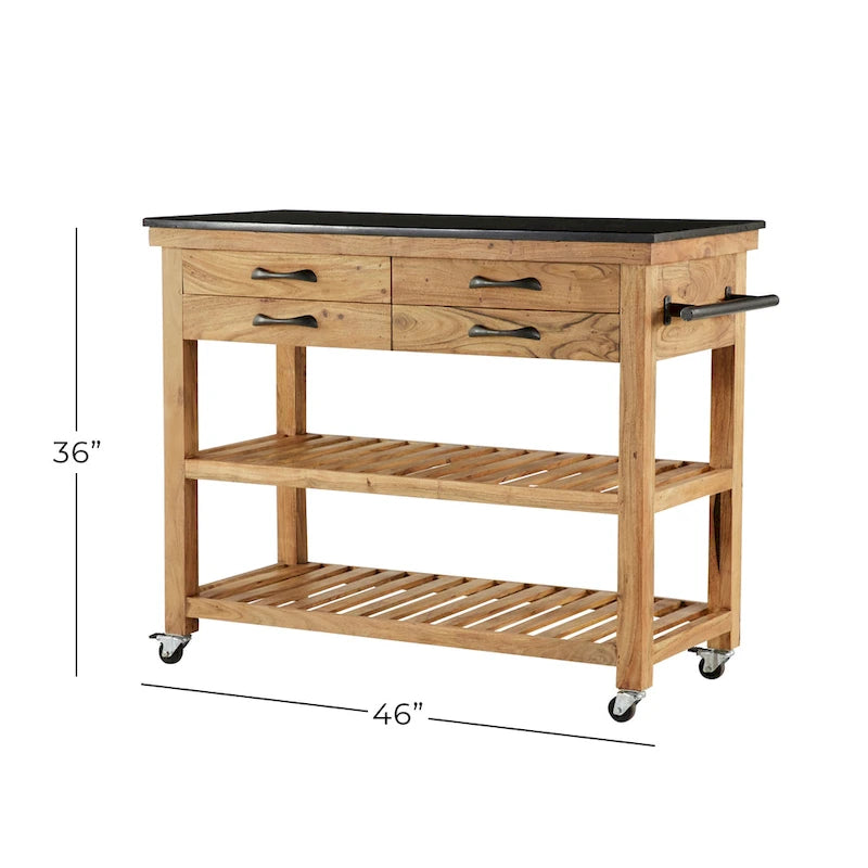 Carrello da cucina in legno a 4 cassetti e 2 ripiani con maniglie in metallo nero e piano in marmo