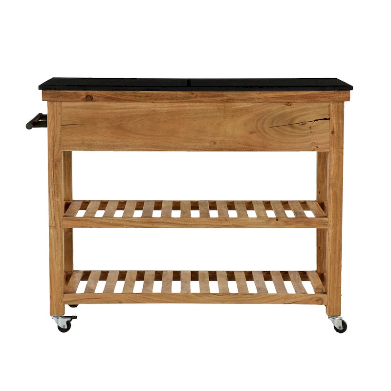 Carrello da cucina in legno a 4 cassetti e 2 ripiani con maniglie in metallo nero e piano in marmo