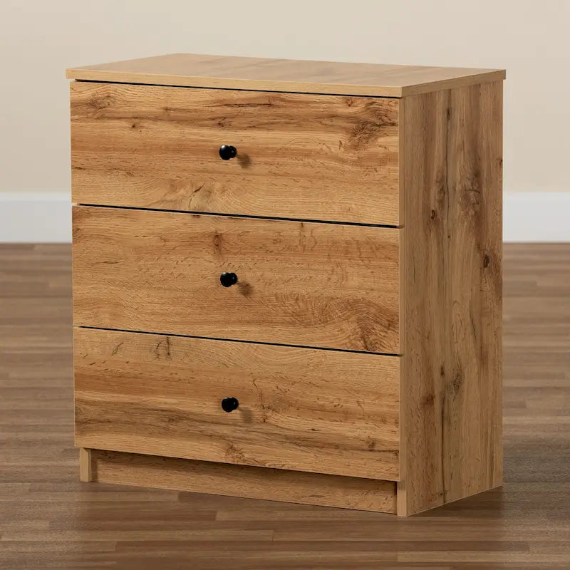 Cassettiera moderna in legno rovere finitura marrone a 3 cassetti