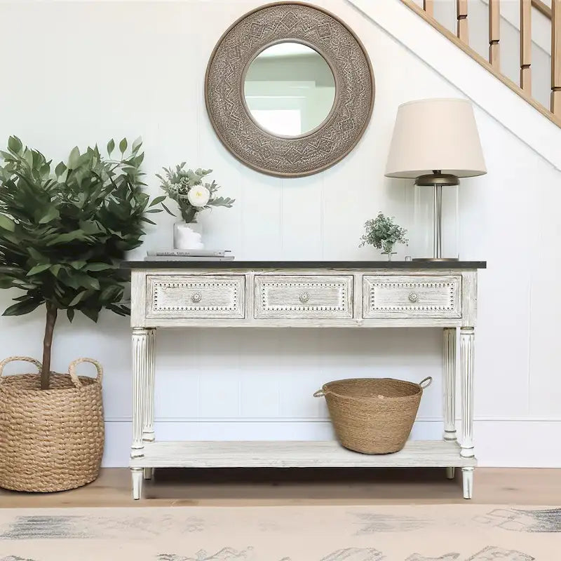 Farmhouse Distressed Wood and Metal 3-Drawer Console Table