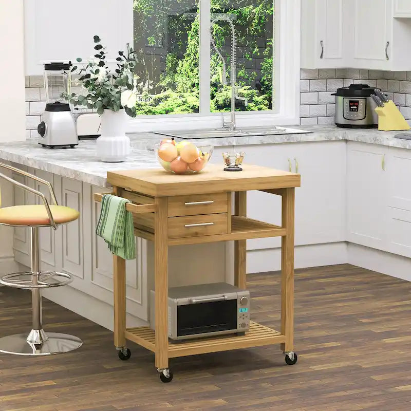 Carrello da Cucina in Bambù con Ruote, 2 Cassetti e Ripiani Regolabili
