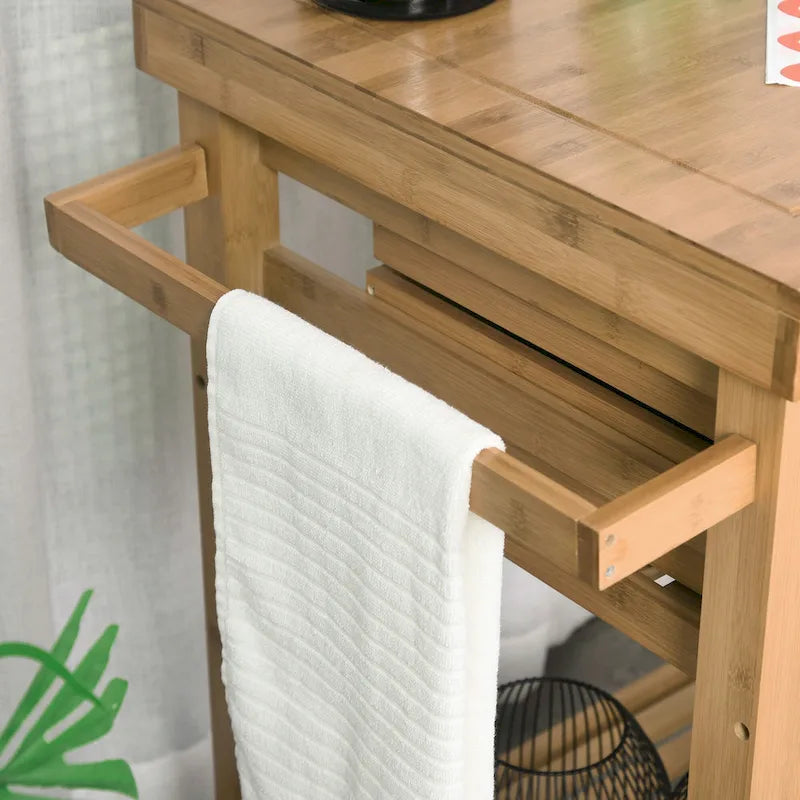 Carrello da Cucina in Bambù con Ruote, 2 Cassetti e Ripiani Regolabili