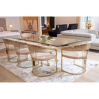 Sedia da pranzo moderna in velluto beige e oro