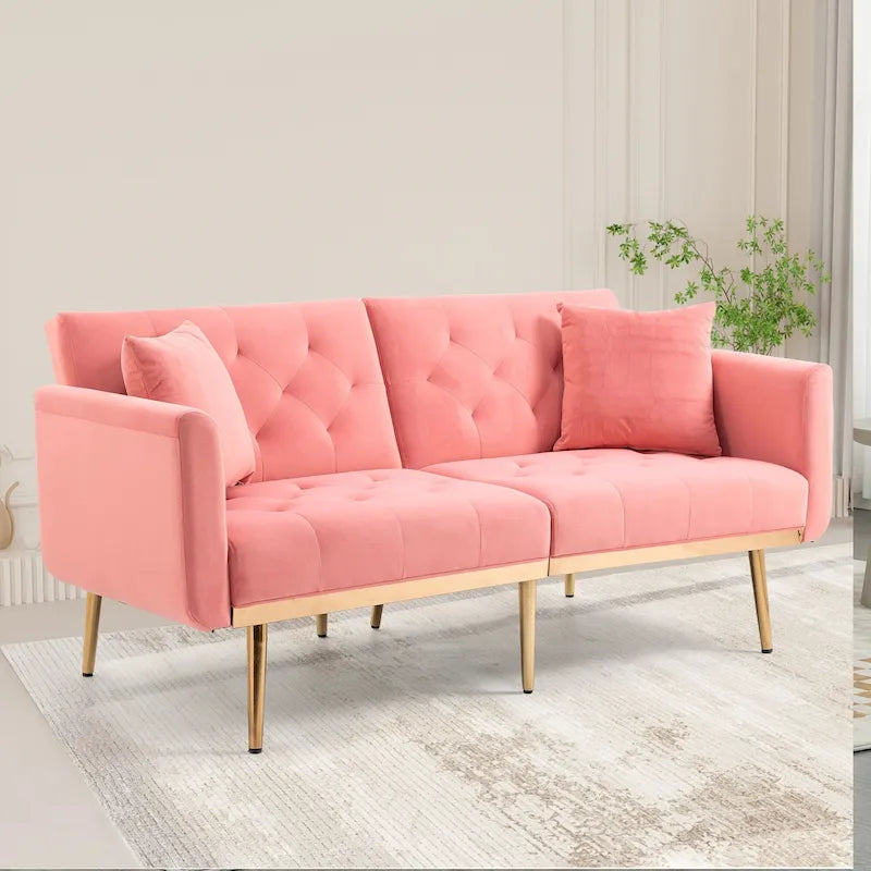 Divano letto doppio con seduta in velluto imbottito, trapuntato e con base in metallo, in stile minimalista per soggiorno