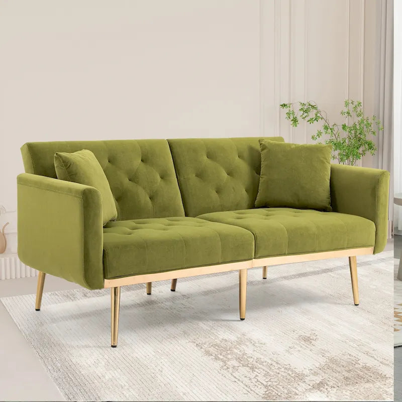 Divano letto doppio con seduta in velluto imbottito, trapuntato e con base in metallo, in stile minimalista per soggiorno