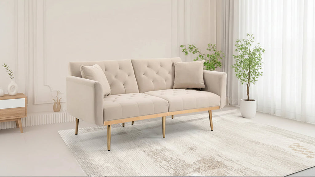 Velvet Upholstered Minimalist Tufted Metal Foot Double Seat Sofa Bed for Living Room