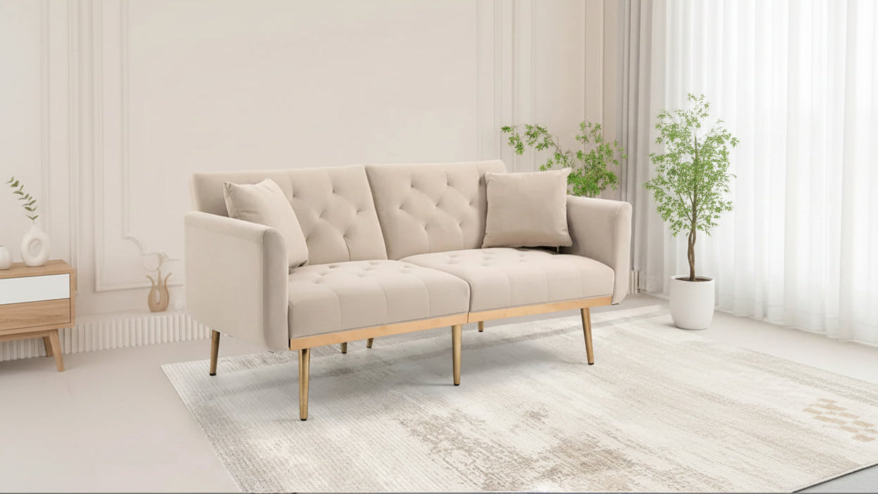Velvet Upholstered Minimalist Tufted Metal Foot Double Seat Sofa Bed for Living Room