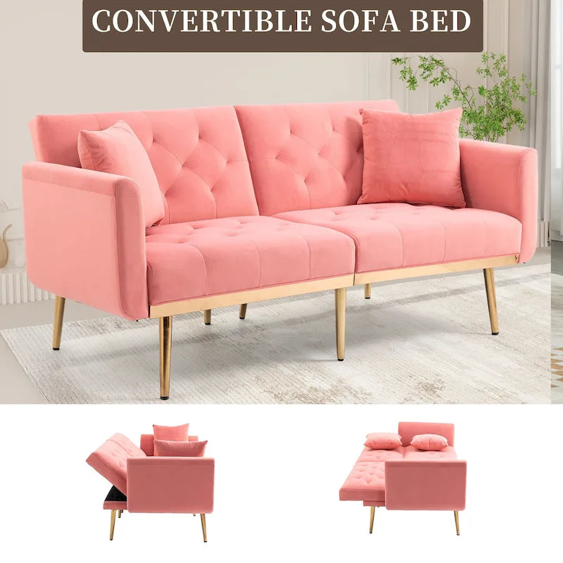 Divano letto doppio con seduta in velluto imbottito, trapuntato e con base in metallo, in stile minimalista per soggiorno