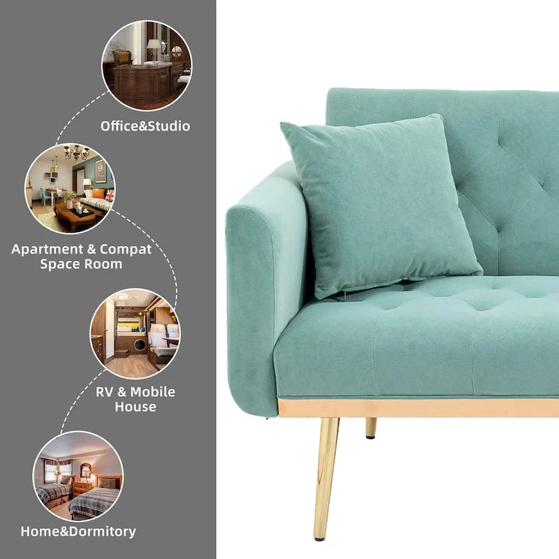 Divano letto doppio con seduta in velluto imbottito, trapuntato e con base in metallo, in stile minimalista per soggiorno