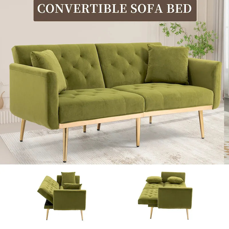 Divano letto doppio con seduta in velluto imbottito, trapuntato e con base in metallo, in stile minimalista per soggiorno