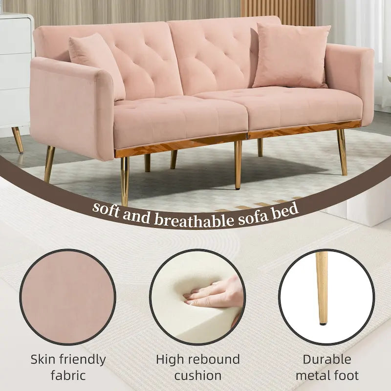 Divano letto doppio con seduta in velluto imbottito, trapuntato e con base in metallo, in stile minimalista per soggiorno