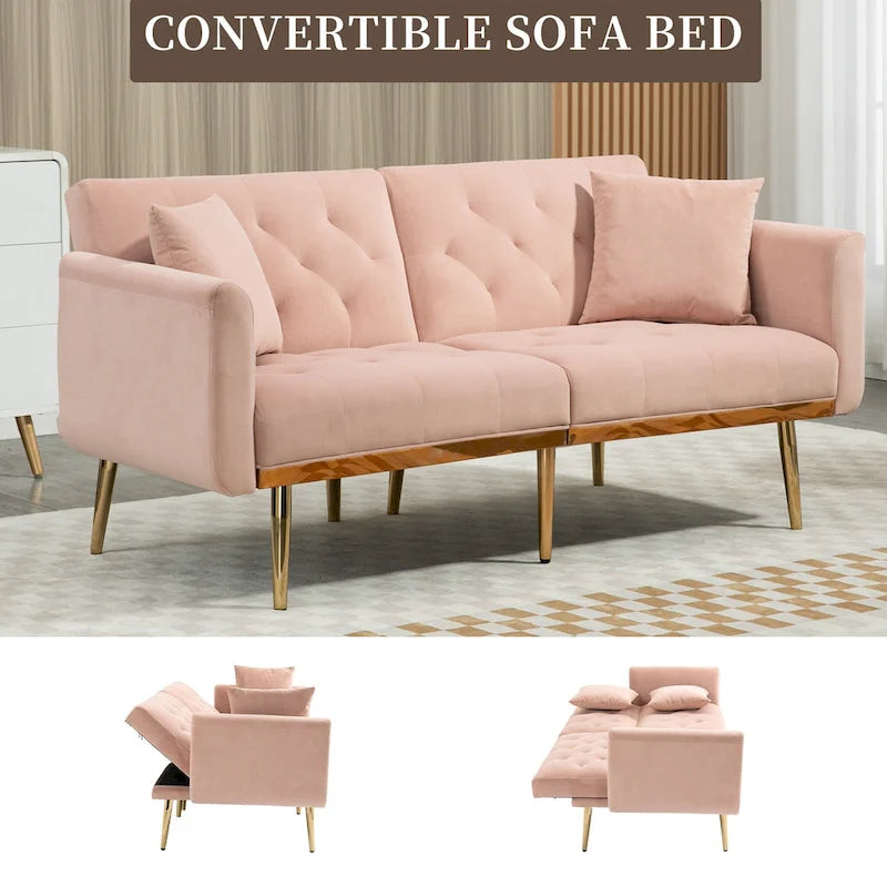 Divano letto doppio con seduta in velluto imbottito, trapuntato e con base in metallo, in stile minimalista per soggiorno