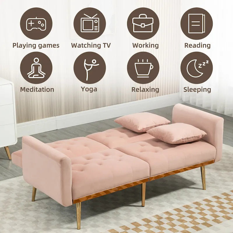 Divano letto doppio con seduta in velluto imbottito, trapuntato e con base in metallo, in stile minimalista per soggiorno