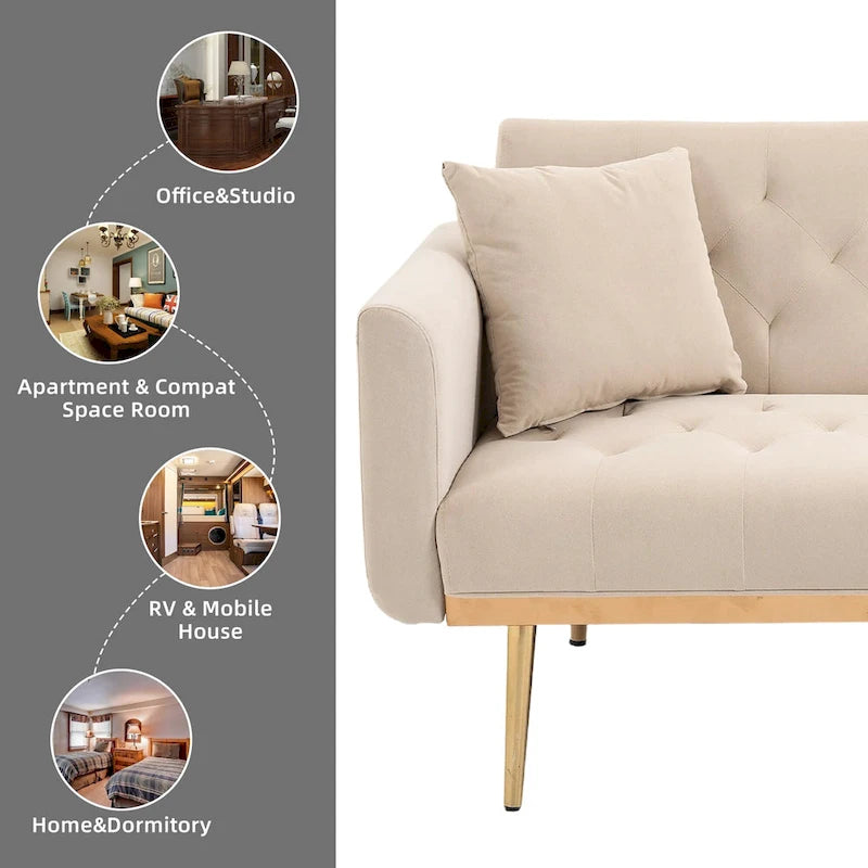 Divano letto doppio con seduta in velluto imbottito, trapuntato e con base in metallo, in stile minimalista per soggiorno