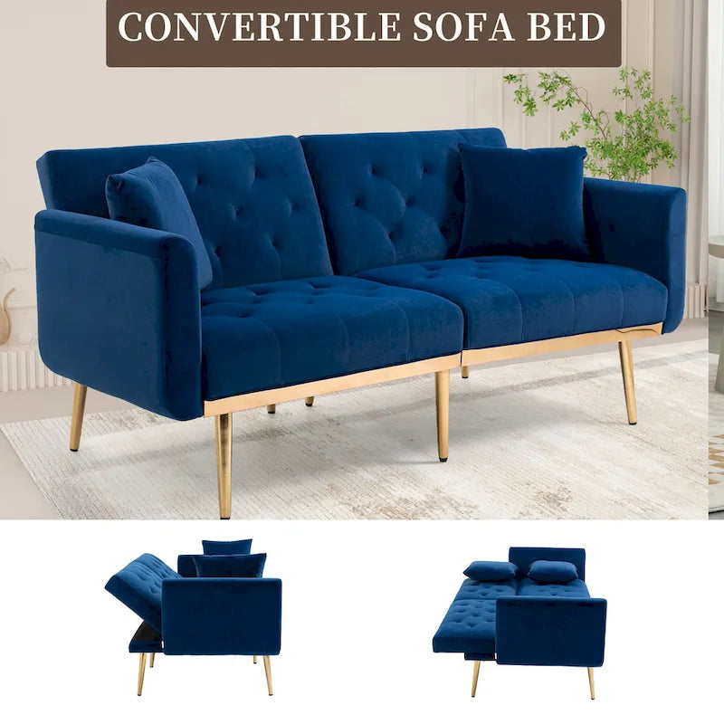 Divano letto doppio con seduta in velluto imbottito, trapuntato e con base in metallo, in stile minimalista per soggiorno