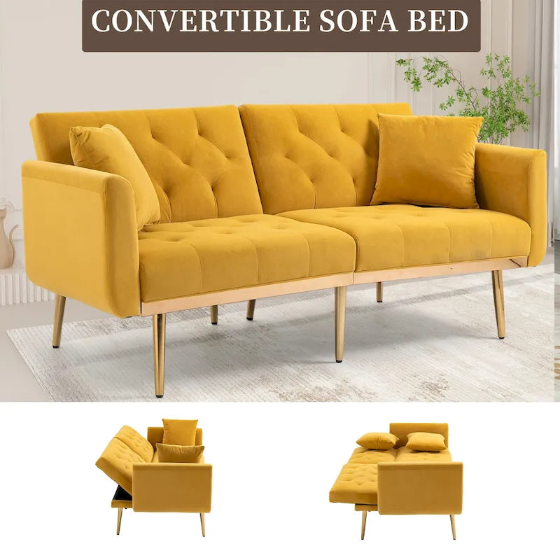 Divano letto doppio con seduta in velluto imbottito, trapuntato e con base in metallo, in stile minimalista per soggiorno
