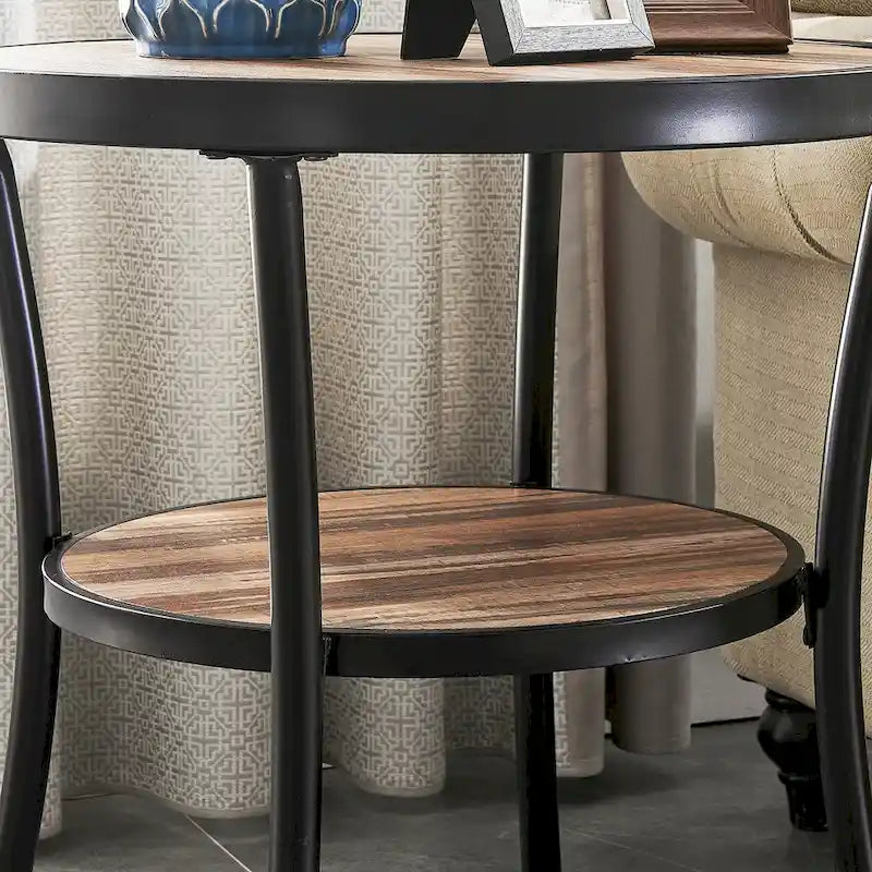 Tavolino rotondo rustico con contenitore, tavolino da caffè industriale per soggiorno