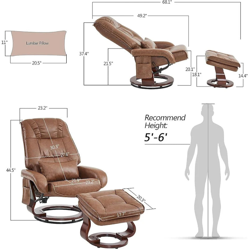 Poltrona reclinabile girevole con pouf, poltrona TV massaggiante vibrante, poltrona ergonomica da salotto per soggiorno, similpelle