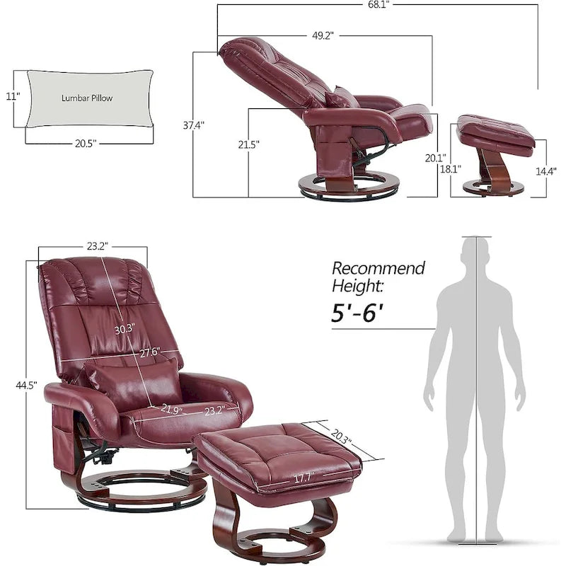 Poltrona reclinabile girevole con pouf, poltrona TV massaggiante vibrante, poltrona ergonomica da salotto per soggiorno, similpelle