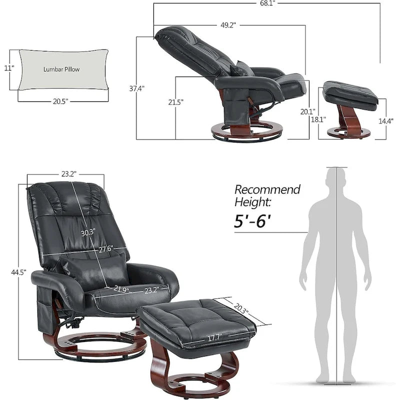 Poltrona reclinabile girevole con pouf, poltrona TV massaggiante vibrante, poltrona ergonomica da salotto per soggiorno, similpelle