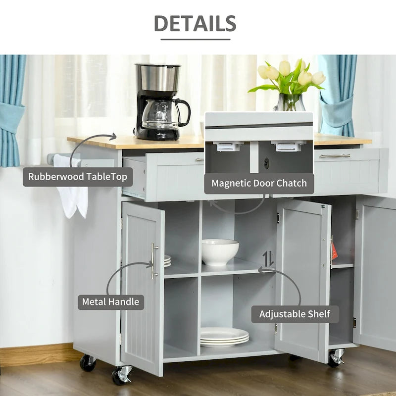HOMCOM 48 Carrello da Cucina Moderno su Ruote con Cassetti, Carrello Utensili Mobile con Ripiani Regolabili, Armadietti