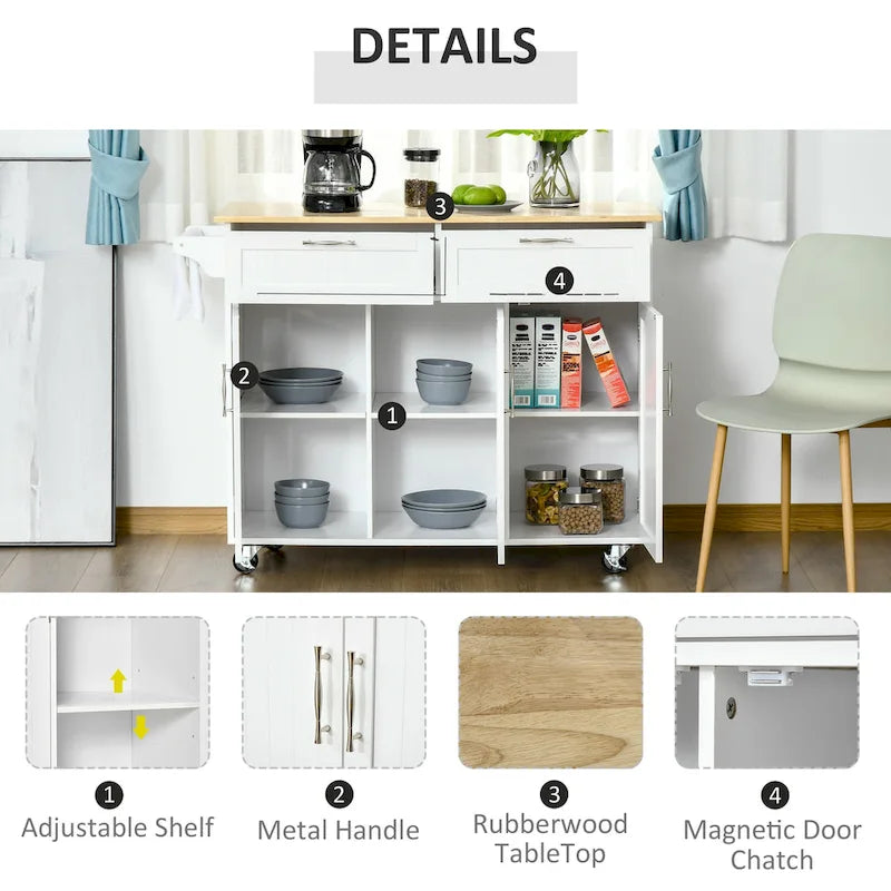 HOMCOM 48 Carrello da Cucina Moderno su Ruote con Cassetti, Carrello Utensili Mobile con Ripiani Regolabili, Armadietti