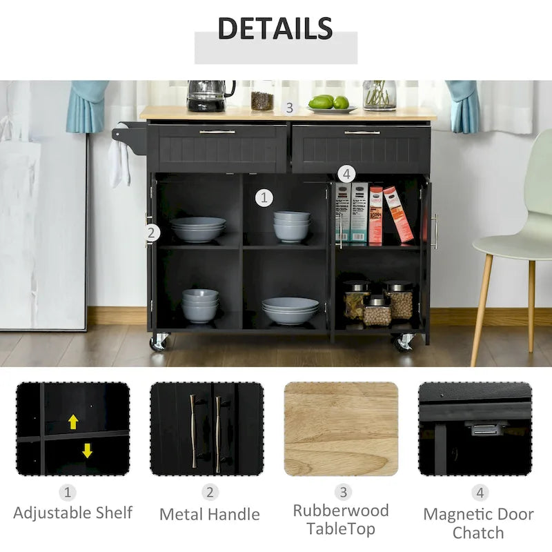 HOMCOM 48 Carrello da Cucina Moderno su Ruote con Cassetti, Carrello Utensili Mobile con Ripiani Regolabili, Armadietti