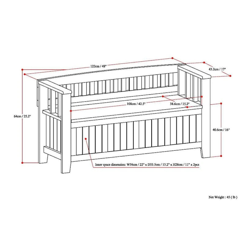 Panca Contenitore da Ingresso in Legno Massello da 122 cm