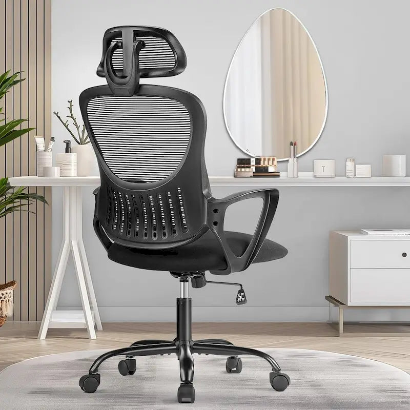 Sedia da Ufficio Ergonomica, Comoda Sedia da Scrivania per Computer in Rete con Schienale Alto e Braccioli Fissi e Poggiatesta Regolabile, Sedia Girevole con Ruote