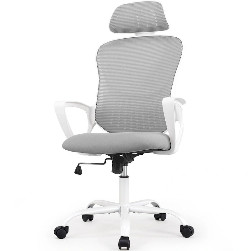 Sedia da Ufficio Ergonomica, Comoda Sedia da Scrivania per Computer in Rete con Schienale Alto e Braccioli Fissi e Poggiatesta Regolabile, Sedia Girevole con Ruote