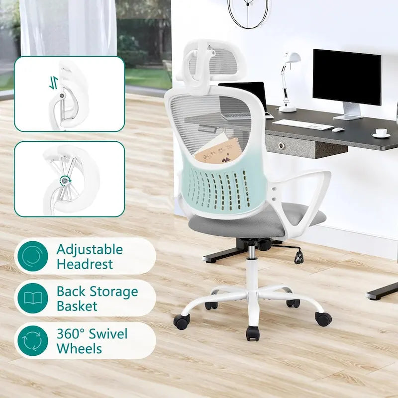 Sedia da Ufficio Ergonomica, Comoda Sedia da Scrivania per Computer in Rete con Schienale Alto e Braccioli Fissi e Poggiatesta Regolabile, Sedia Girevole con Ruote