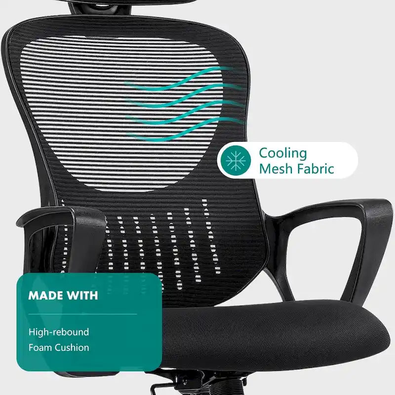 Sedia da Ufficio Ergonomica, Comoda Sedia da Scrivania per Computer in Rete con Schienale Alto e Braccioli Fissi e Poggiatesta Regolabile, Sedia Girevole con Ruote