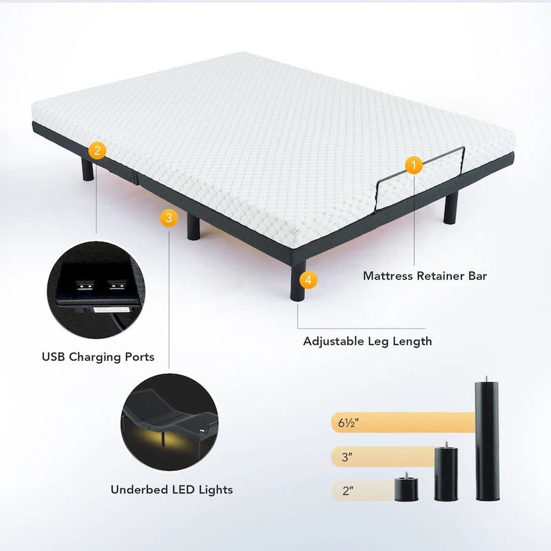 Letto regolabile massaggiante a gravità zero con telecomando wireless e illuminazione sotto il letto
