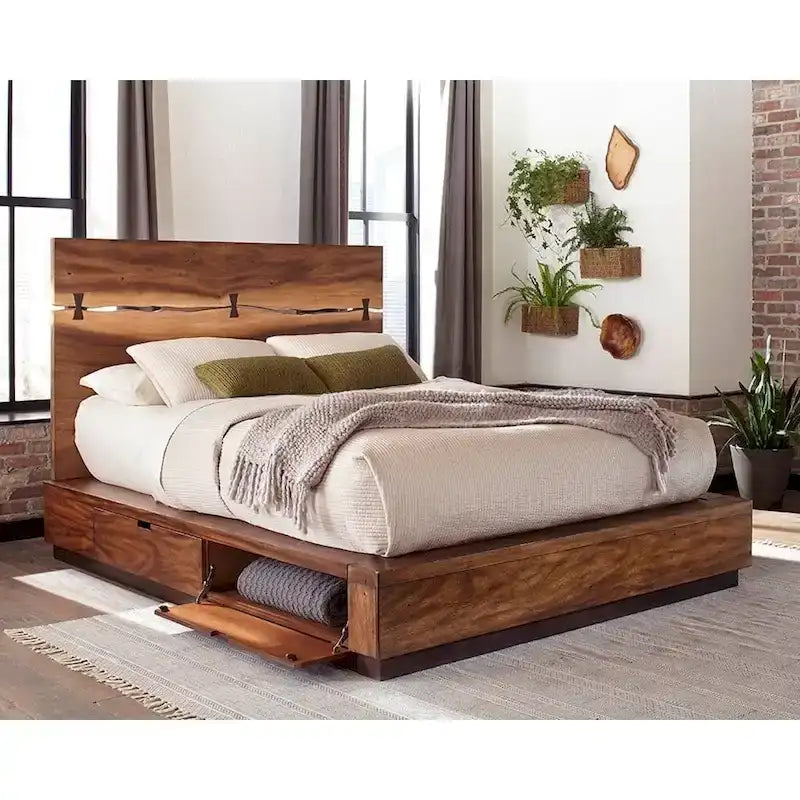 Letto a piattaforma Smokey in noce e chicchi di caffè con contenitore