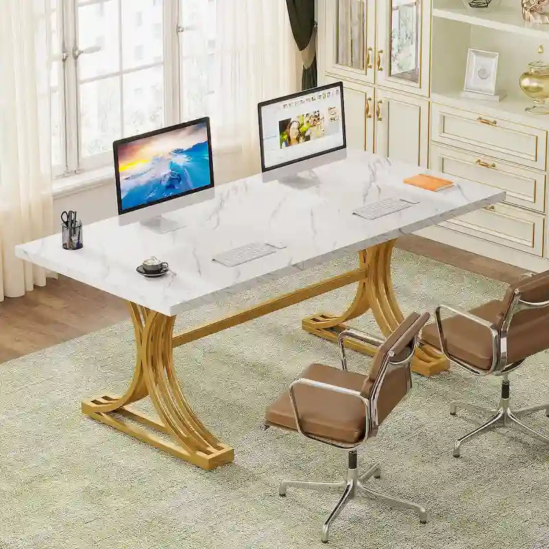 Scrivania per computer moderna da dirigente con gambe a cavalletto, ampio tavolo da scrittura per ufficio domestico