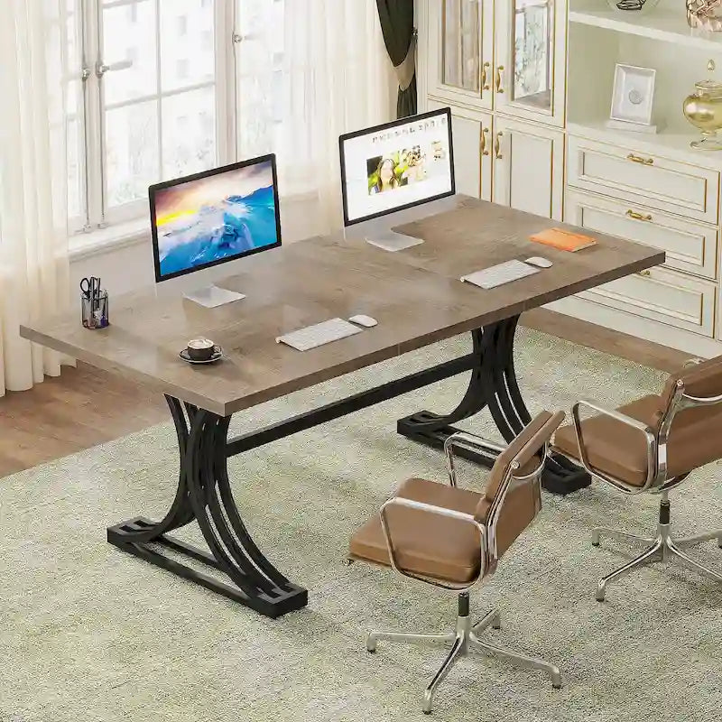 Scrivania per computer moderna da dirigente con gambe a cavalletto, ampio tavolo da scrittura per ufficio domestico