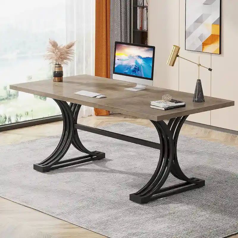 Scrivania per computer moderna da dirigente con gambe a cavalletto, ampio tavolo da scrittura per ufficio domestico