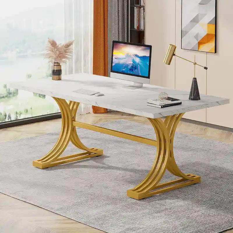 Scrivania per computer moderna da dirigente con gambe a cavalletto, ampio tavolo da scrittura per ufficio domestico