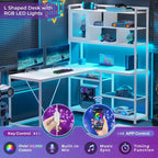 Scrivania da gioco ad angolo a L con LED e libreria integrata