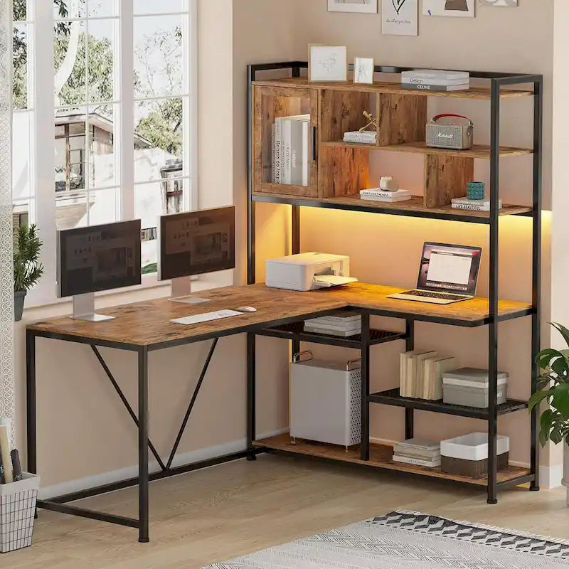 Scrivania da gioco ad angolo a L con LED e libreria integrata