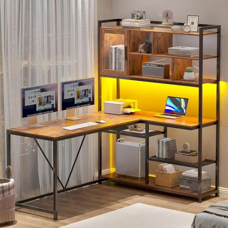 Scrivania da gioco ad angolo a L con LED e libreria integrata