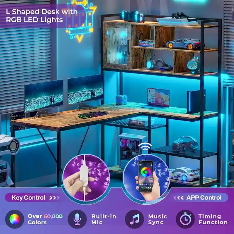 Scrivania da gioco ad angolo a L con LED e libreria integrata
