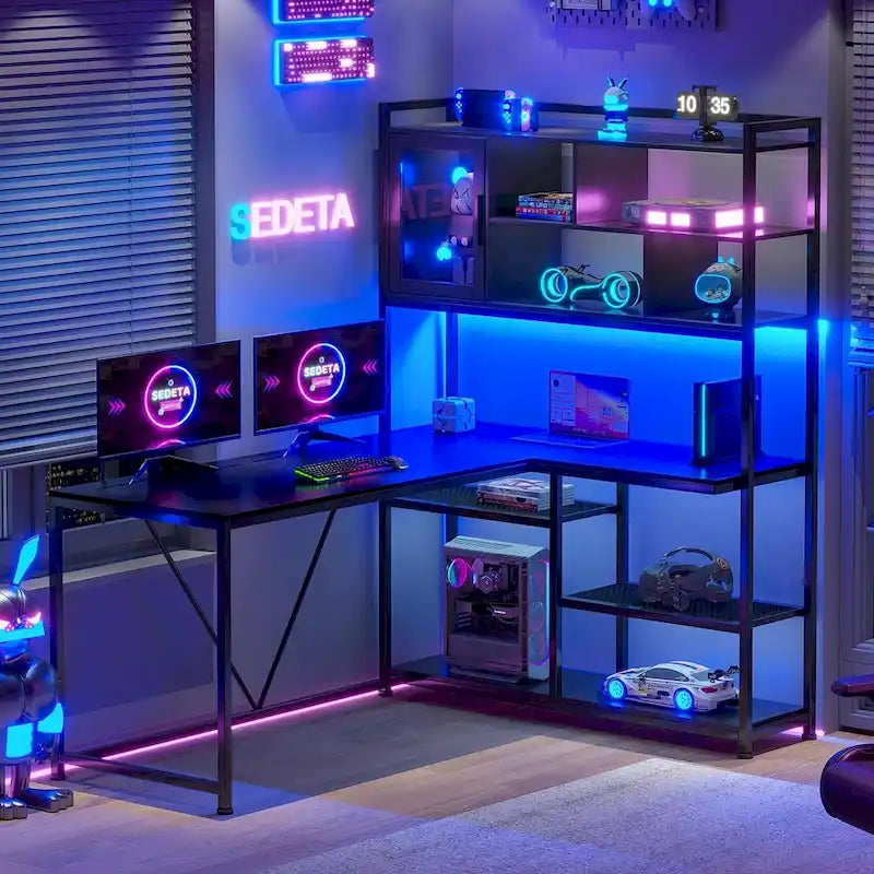 Scrivania da gioco ad angolo a L con LED e libreria integrata