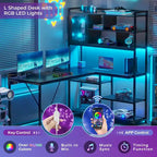 Scrivania da gioco ad angolo a L con LED e libreria integrata