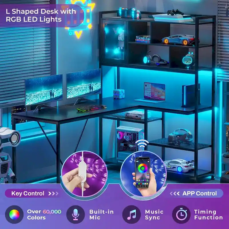 Scrivania da gioco ad angolo a L con LED e libreria integrata