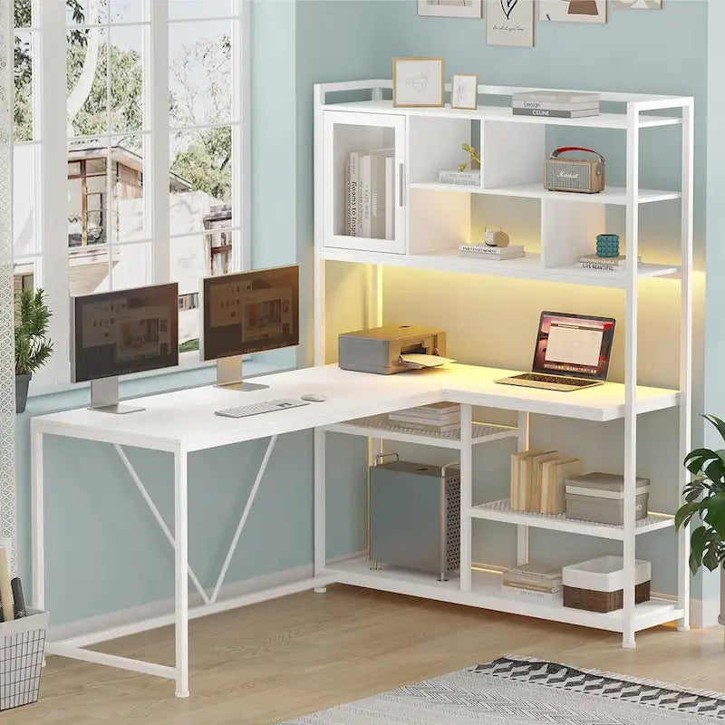 Scrivania da gioco ad angolo a L con LED e libreria integrata