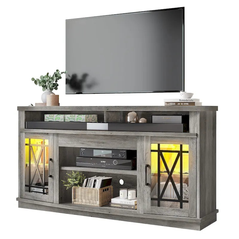 Mobile TV highboy da 59 pollici con 2 ante e luci LED, adatto per TV fino a 70 pollici